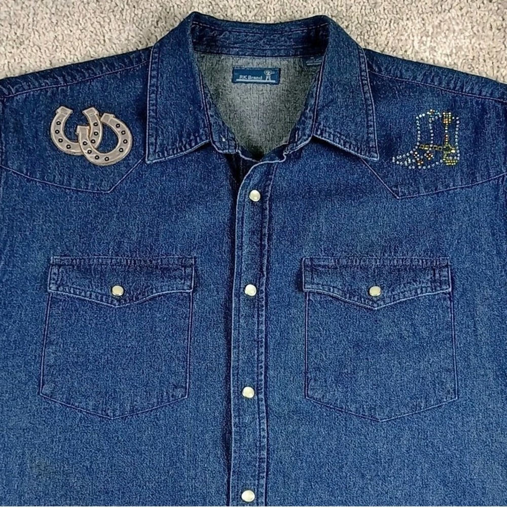 Vintage Y2K RK Brand Denim Western Pearl Snap Shirt Vest XL Cowboy Rodeo